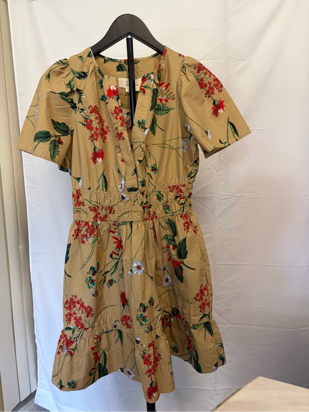 Anthropologie Tan Floral Midi Dress with Red & Green Accents
